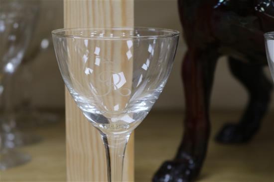 A set of six glasses with R and crown crest and three other glasses